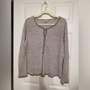 Eileen Fisher Gray And White Striped Linen Cardigan Sweater